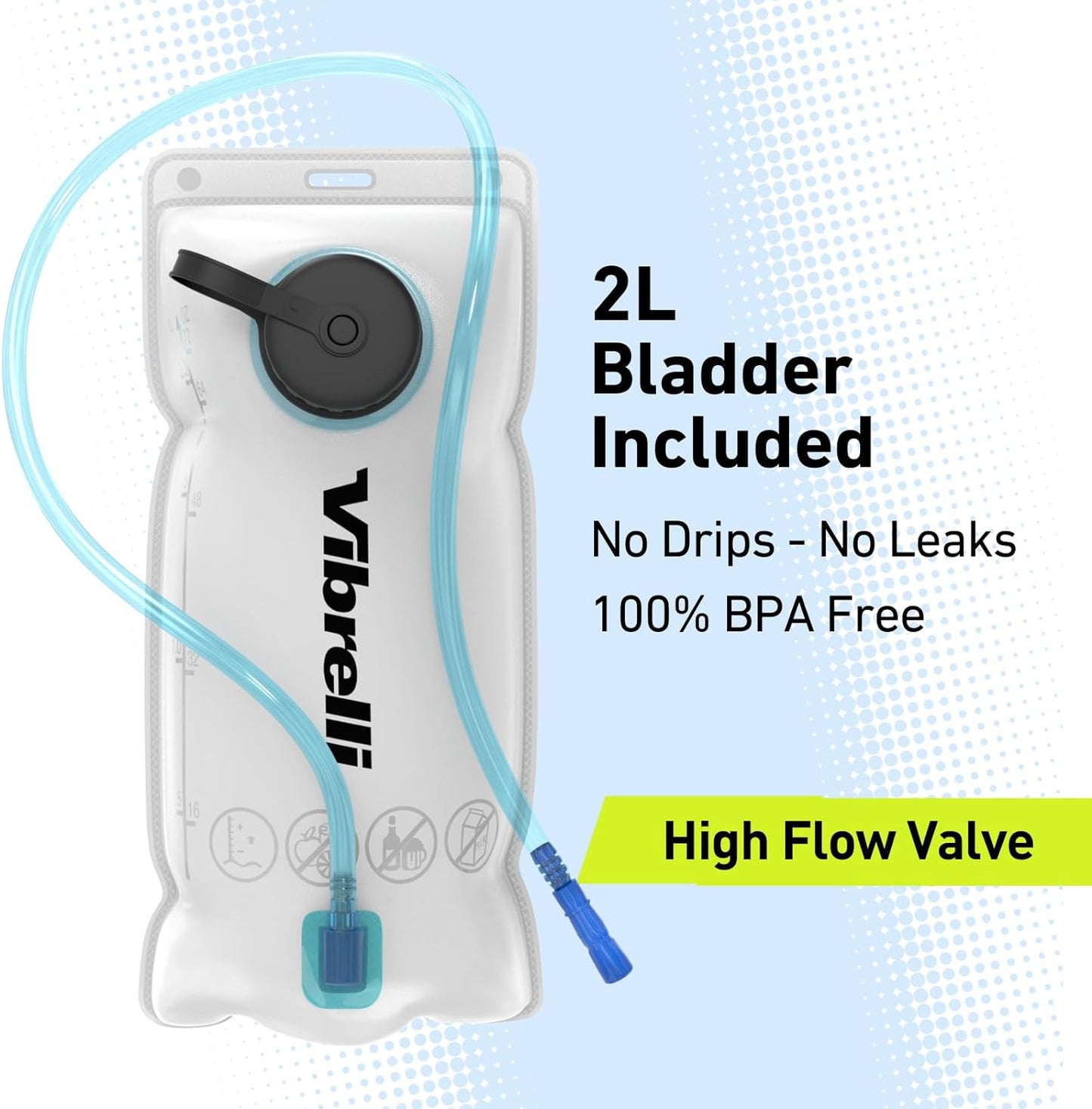 Vibrelli Hydration Backpack & 2L Hydration Bladder - High Flow Bite Valve - Hydration Pack for Cycling, Running, Hiking