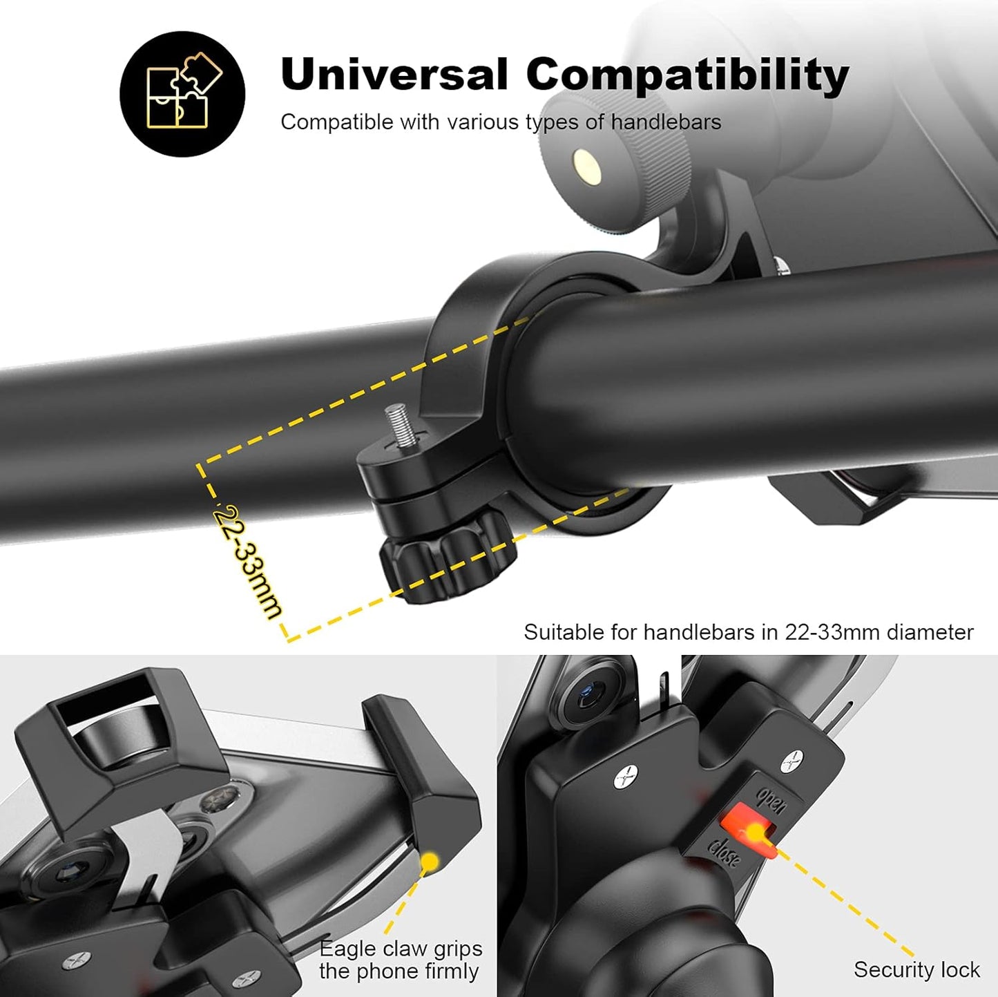 New Bike Phone Mount with Stainless Steel Clamp Arms Anti Shake and Stable 360° Rotation Bike Accessories/Bike Phone Holder for Any Smartphones GPS Other Devices Between 4 and 7 inches