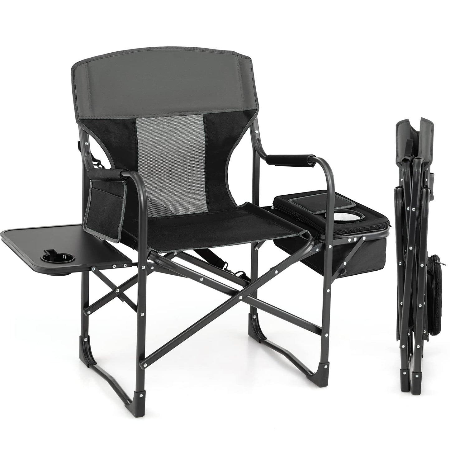 Giantex Camping Chair with Side Table, Storage Pocket, Cooler Bag, Shoulder Strap, Handle, Support 400 Lbs, Folding Directors Chair for Artist Makeup Lawn Fishing Picnic, Black