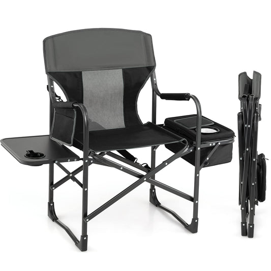 Giantex Camping Chair with Side Table, Storage Pocket, Cooler Bag, Shoulder Strap, Handle, Support 400 Lbs, Folding Directors Chair for Artist Makeup Lawn Fishing Picnic, Black