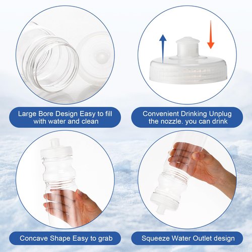Talltalk 6 Pcs 25 oz Bulk Water Sports Bottles for Kids DIY Squeeze Reusable Plastic with Mesh Adjustable Shoulder, Reusable Transparent Bottles Holder with Adjustable Strap Carrier for Boys Girls
