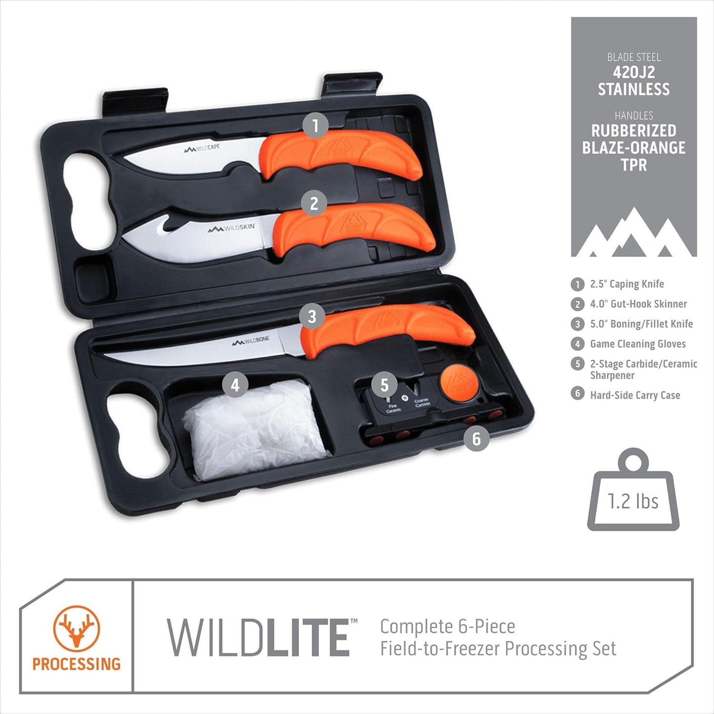 OUTDOOR EDGE WildPak, 8-Piece Field to Freezer Hunting & Game Processing Knife Set with Caping Knife, Gut-Hook Skinner, Boning/Fillet Knife, Wood/Bone Saw, Spreader, Gloves, and Hard-Side Carry Case