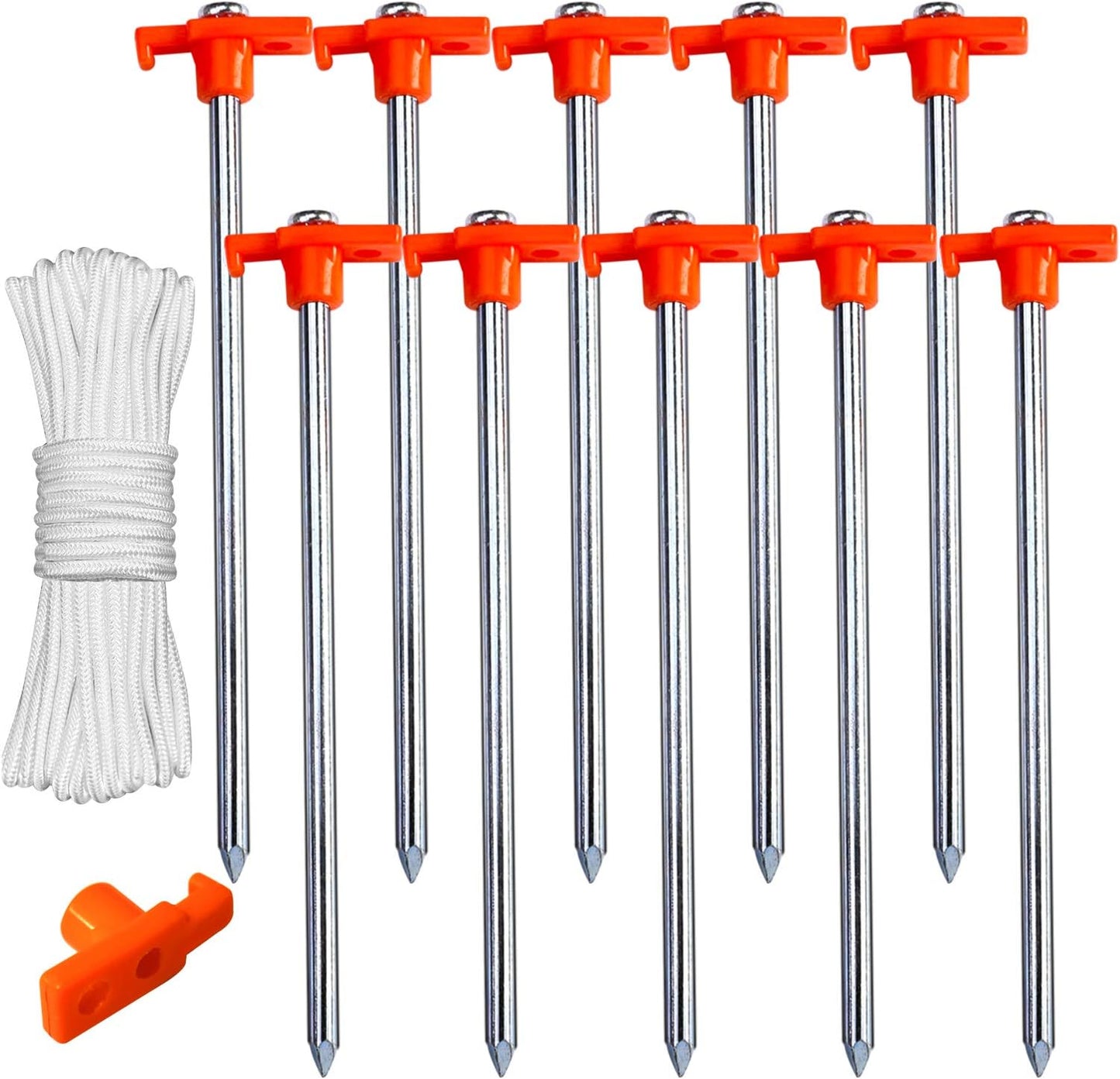 ABCCANOPY 11 Inch Tent Stakes 10 Pcs Non-Rust Metal Ground Anchors, Heavy Duty Spikes with 4 Ropes for Outdoor Camping, Orange