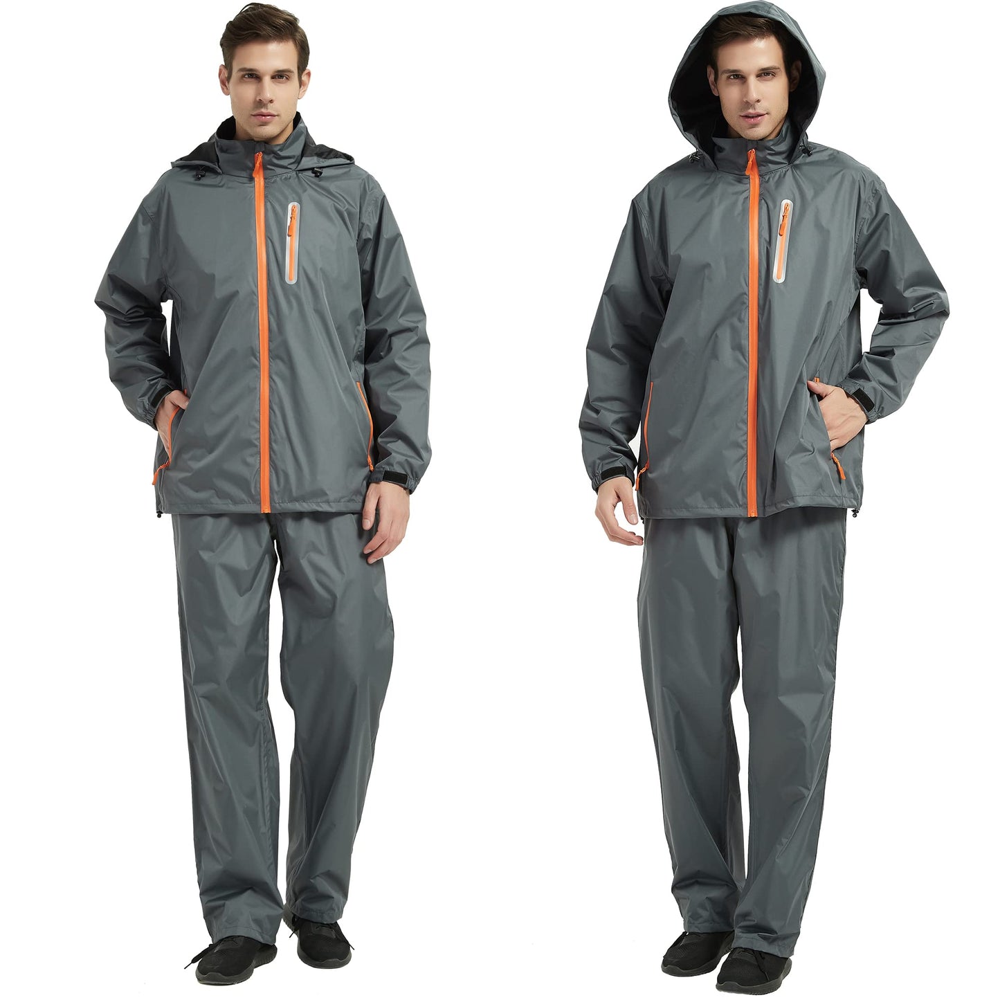 JAEZZIY Rain Suits for Men Women Waterproof Lightweight Hooded Breathable Rain Gear Raincoat for Fishing Hiking Cycling (Grey L)