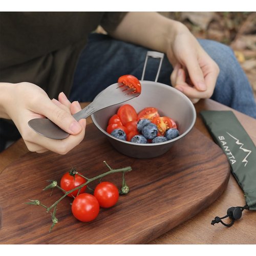SANTTA 2-in-1 Lightweight Titanium Travel Spork with Carry Bag, Spoon Fork Combo Utensil for Hiking, Backpacking, Camping and Traveling