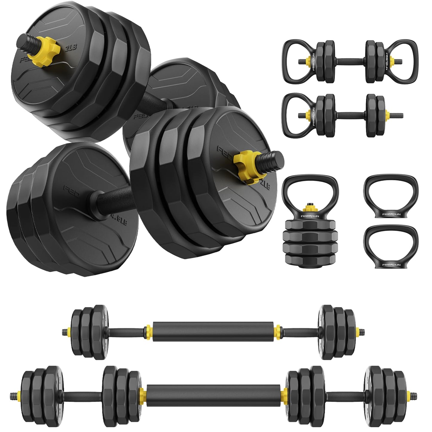 FEIERDUN Adjustable Dumbbells, 48lbs Free Weight Set with 4 Modes, Used as Barbell, Kettlebells, Push up Stand, Fitness Exercises for Home Gym Suitable Men/Women