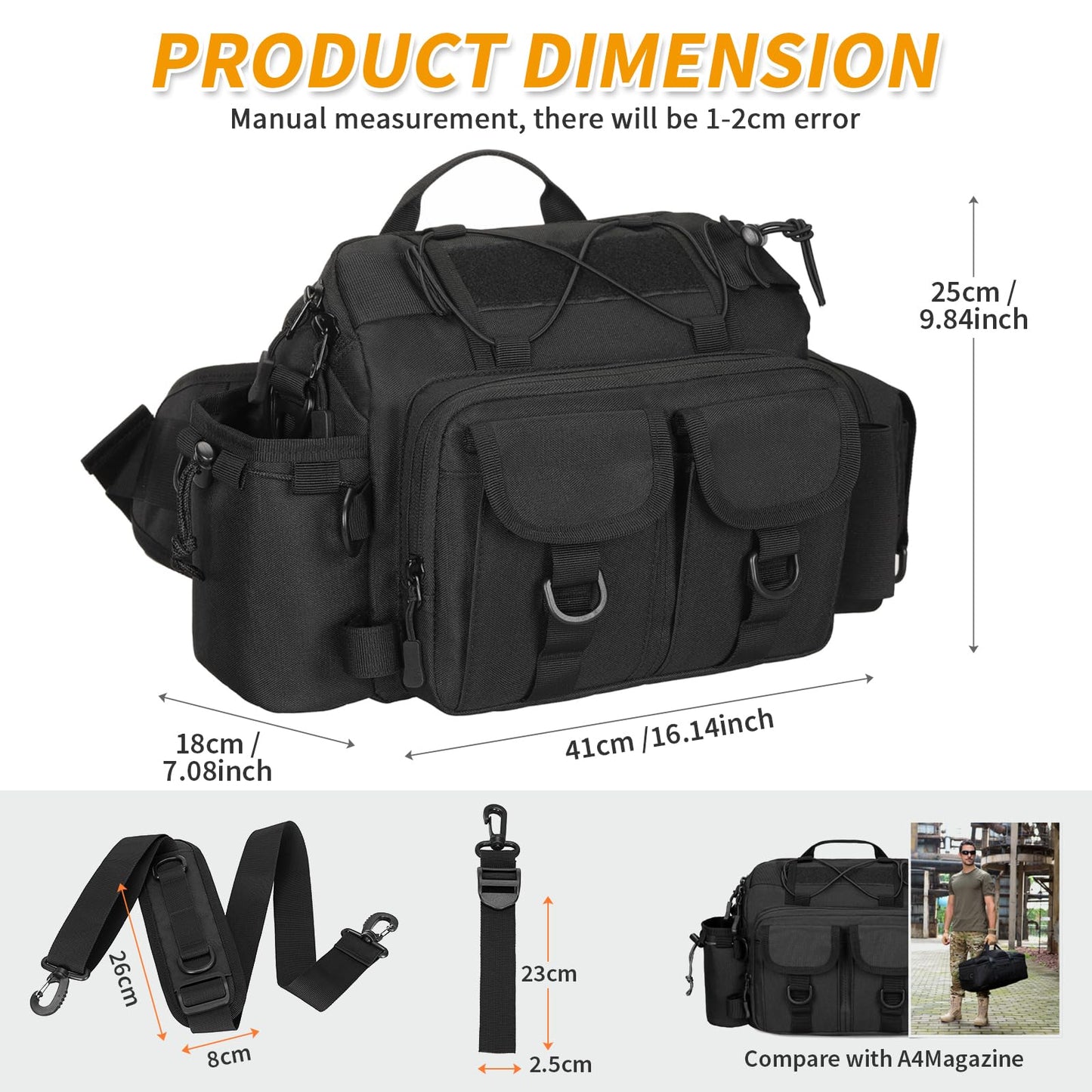 CamGo Tactcial Fanny Pack for Men Molle Hip Belt Bumbag Utility Hiking Waist Bag EDC Crossbody Shoulder Bag for Outdoor Sports (01-Black)