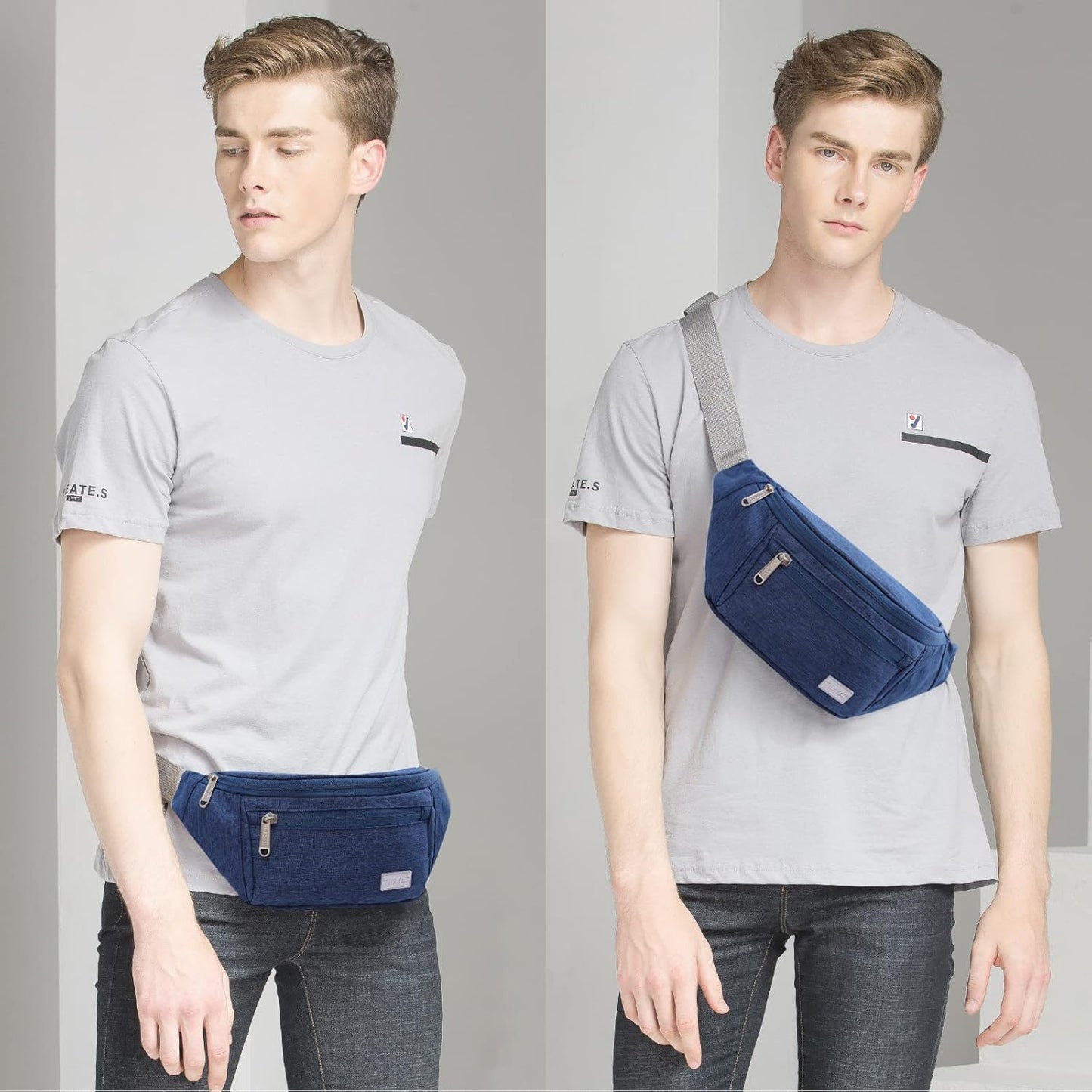 TINYAT Large Fanny Pack Travel Waist Bag Lightweight for Men&Women with Adjustable Strap T206 Blue