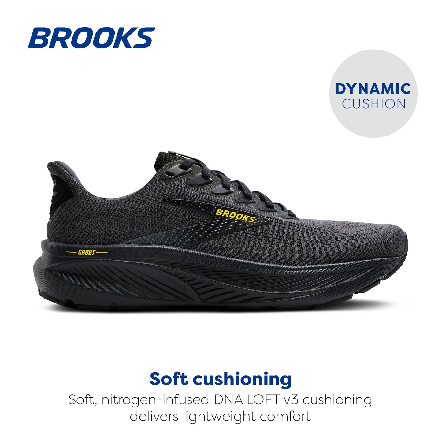 Brooks Men’s Ghost 17 Neutral Running Shoe - Ebony/Black/Yellow - 8.5 Medium