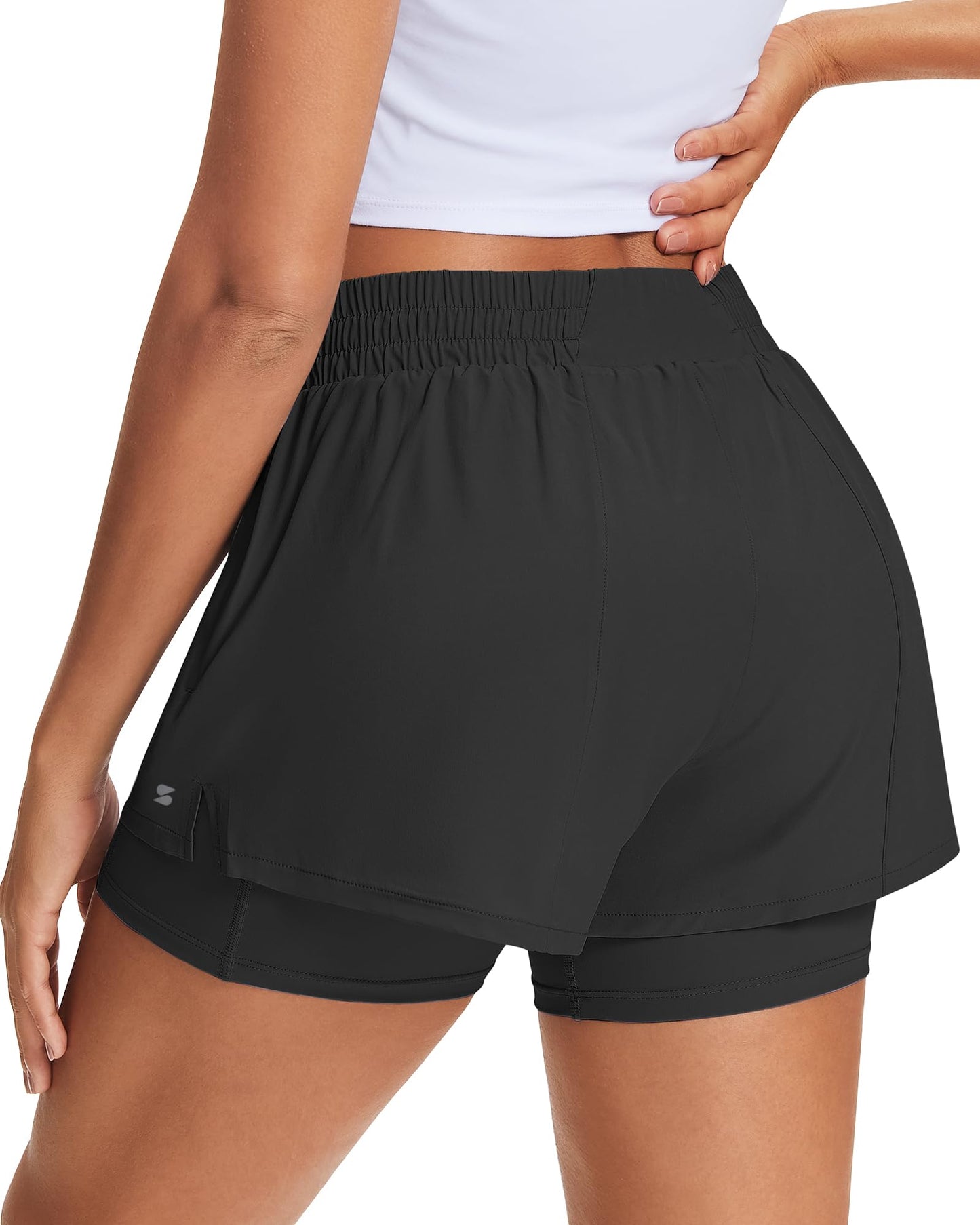 Stelle Women's 2 in 1 Running Shorts Athletic Workout Gym Shorts High Waisted Shorts with Liner Zipper Pockets (Black, Medium)