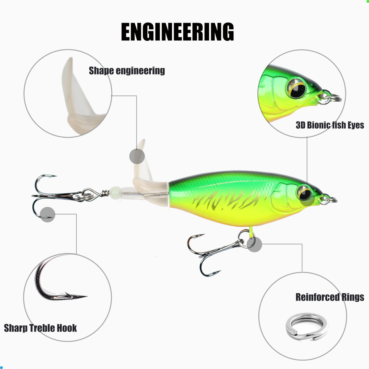 EXAURAFELIS 5pcs 3.66" Plopper Fishing Lures Topwater Fishing Lures Whopper Floating Lure for Catfish Pike Perch Top Water Bass Bait Lure with Propeller Tail Pencil Floating Lure