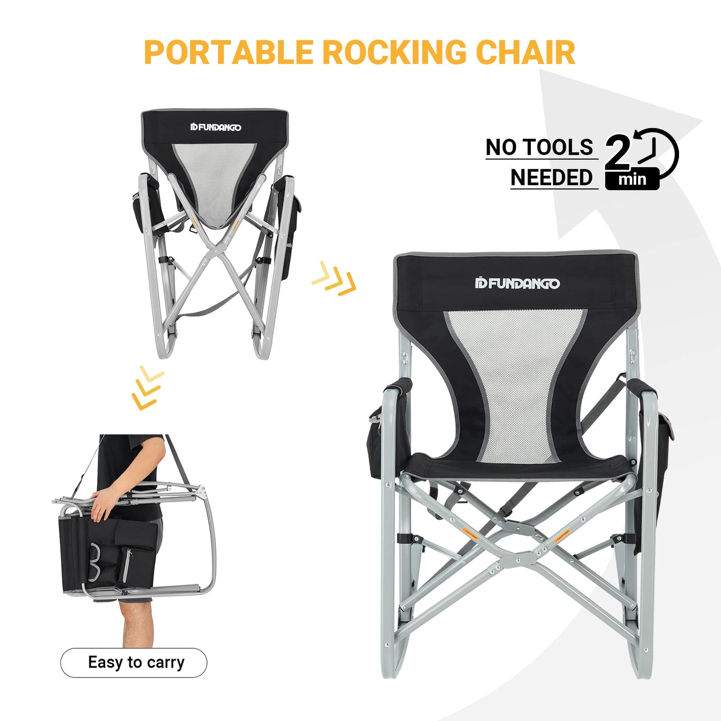 FUNDANGO Rocking Camping Chair，Portable Foldable Camping Chair, Oversized Camp Chair with Padded Back and seat, Cooler Bag for Adults Outdoor Travel