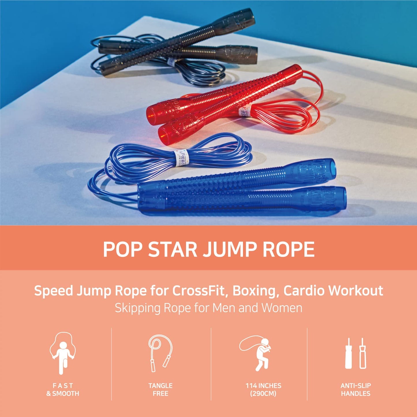 Exercise Jump Rope for Cardio, Boxing, CrossFit - Adjustable Skipping Rope for Men and Women, Lightweight, Tangle Free, Made in Korea(Crystal Gold Jumprope, UA-430) (Pop Star Black)