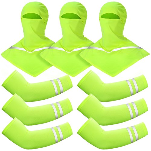 Toulite 3 Pcs Summer Balaclava Face Cover and 3 Pairs Sun Protection Cooling Arm Sleeves with Reflective Strip for Men Women (Fluorescent Green)