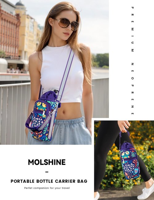 molshine Water Bottle Carrier Bag Holder with Phone Pocket Adjustable Strap for 25 32 40oz, Insulated Neoprene Cover Sleeve Sling Crossbody Bag for Walking Camping Hiking Travelling (Owl)