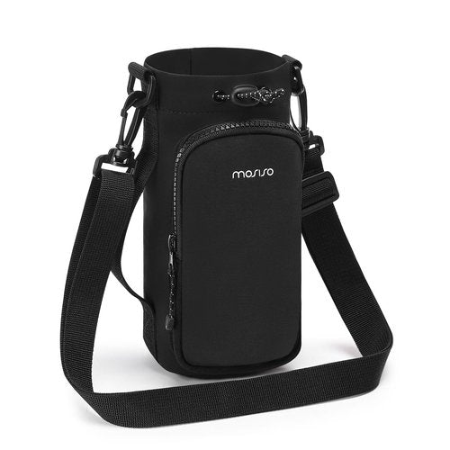 MOSISO Water Bottle Holder with Phone Pocket, 25oz / 32oz Water Bottle Carrier Bag with Adjustable Strap & Handle for Walking, Hiking, Camping, Travelling, Black