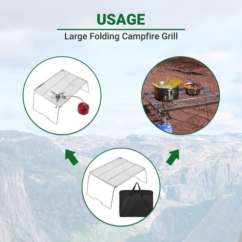YETO Folding Campfire Grill 304 Stainless Steel Grate Heavy Duty Bushcraft Portable Camping Grill with Legs Carrying Bag for Outdoor Camping Cooking 16.3"x 12.2" x 8.6"