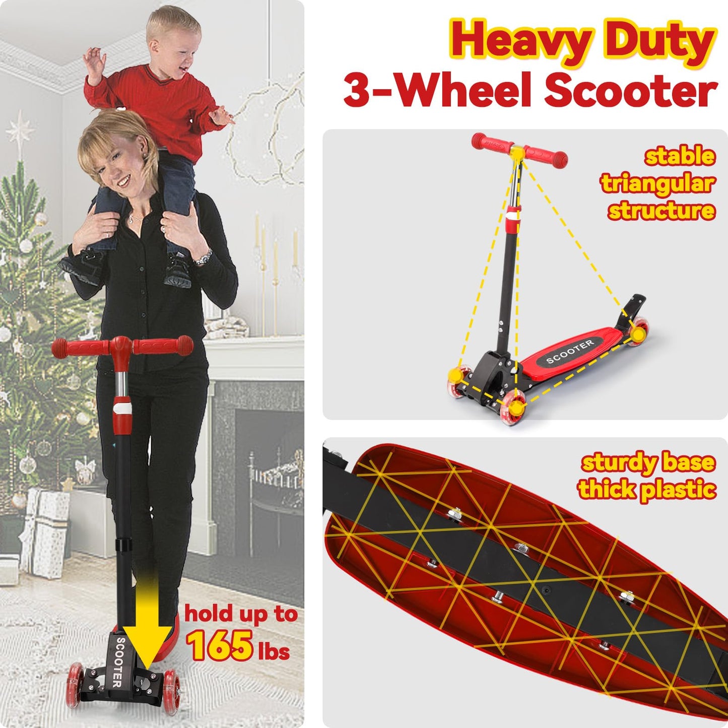 Scooter for Kids 3-12, Kid Scooters with Extra-Wide Deck, 165 lb Capacity, 3 Wheel Lean to Steer Kick Scooter and Height Adjustable Handlebar, Light Up Wheels for Stable Smooth Riding, Xmas Child Gift