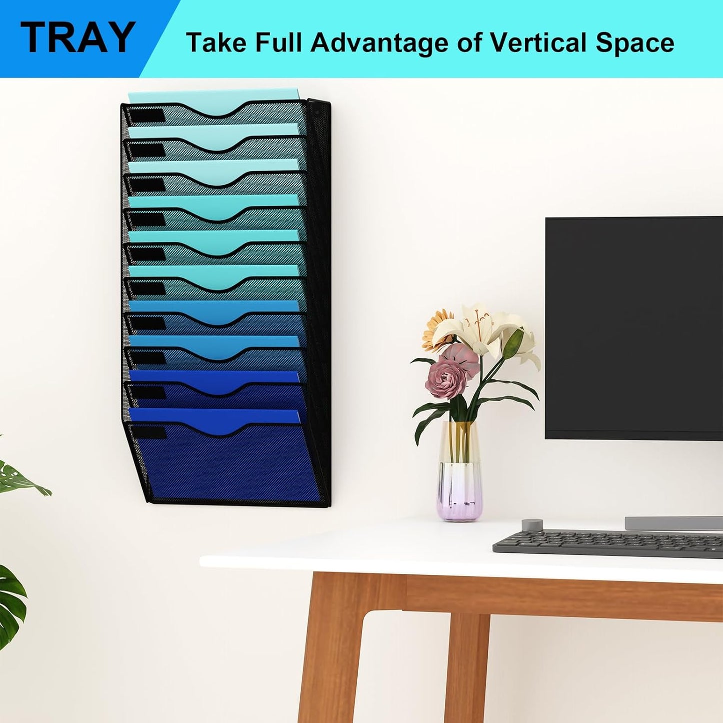 5 Pockets Mesh Hanging Wall File Holder Organizer Wall Mounted Paper Magazine Rack, Black