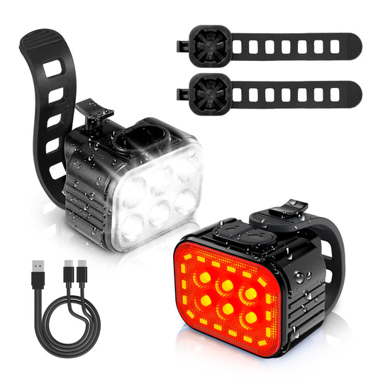 WORKPRO Bike Lights Set [8+13 Modes], Rechargeable Bicycle Light Set Ultra Bright, IP65 Waterproof Bike Lights for Night Riding, 1200mAh Bike Headlight and Tail Light Reflectors, Black