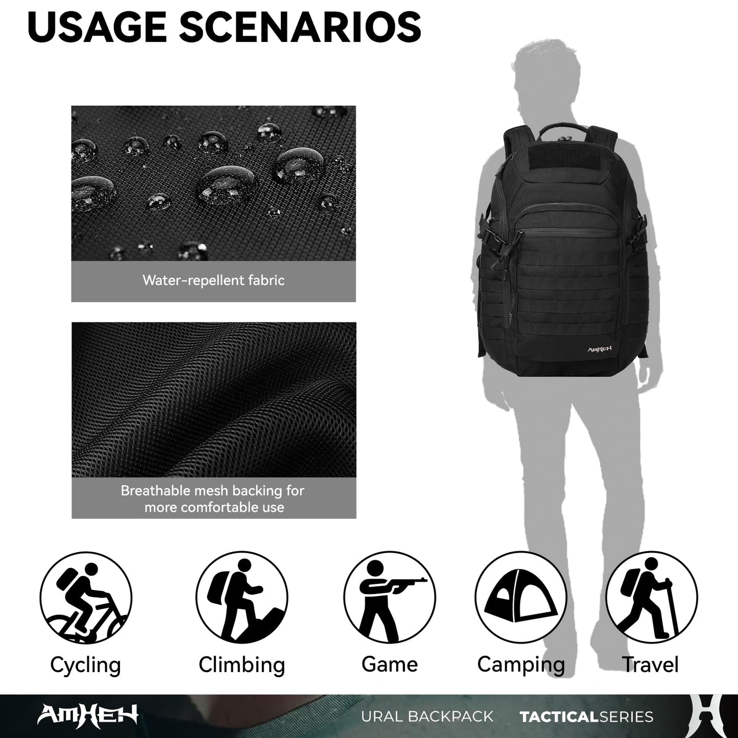 AMHEH 32L Military Tactical Backpack | Fit 17 Inch Laptop, Molle, EDC, Work, Hiking, Survival, Travel, Fit Most Men's Body (Black)