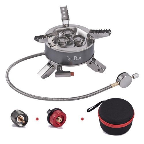 CretFine 6800W Windproof Camping Stove with Adapters, Foldable Backpacking Triple Burner with Portable Case, Piezo Ignition, Compatible with Propane, Butane, and Isobutane for Hiking, Camp Cooking