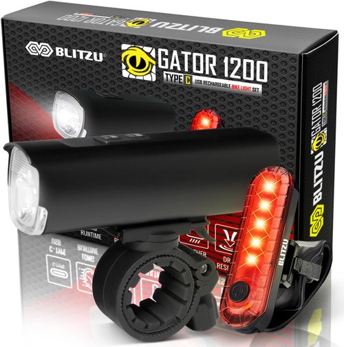 Bike Lights USB-C Rechargeable Bicycle Light Set Gator 1200 Lumens Super Bright, 7+4 Modes Headlight & Taillight, Waterproof Front & Back Rear Light for Night Riding Cycling Safety Long Battery Life.
