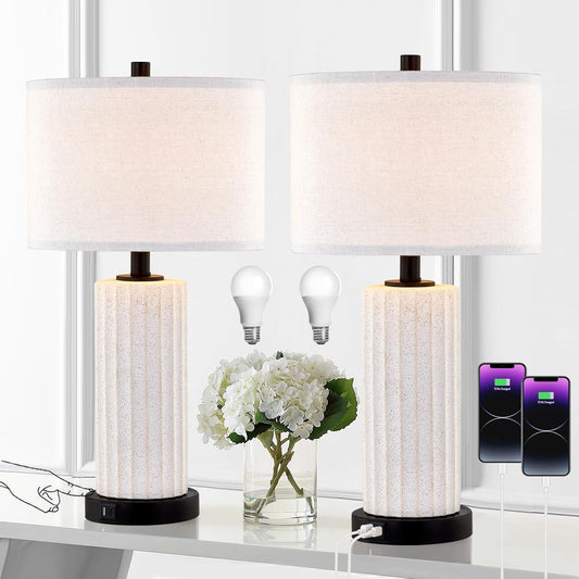 KAWOTI White Ceramic Table Lamp Set of 2 for Living Room 3 Way Touch Control Bedside Lamps with USB Ports and AC Outlet (Bulbs Included)