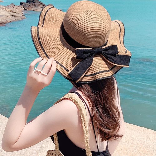 Women's Wide Brim Straw Hat, Summer Beach Sun Protection Hat with Bowknot (Khaki)