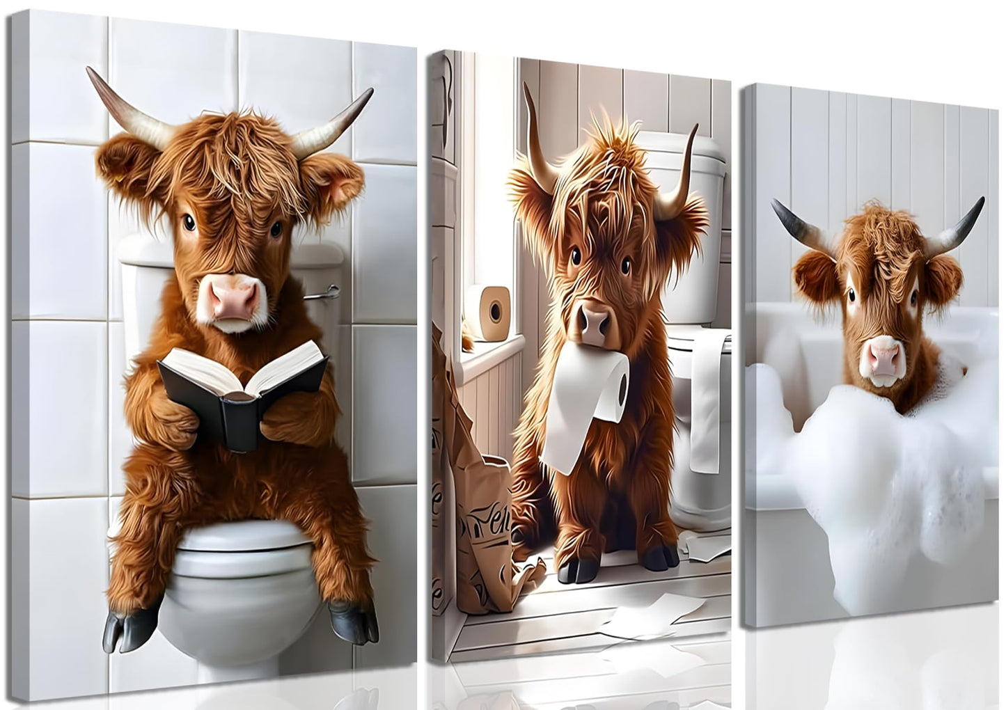 JBZDD Highland Cow Bathroom Canvas Wall Art Set of 3, Funny Cute Rustic Farmhouse Cow Prints for Bathroom Restroom Home Decor 24x16 Inch Framed