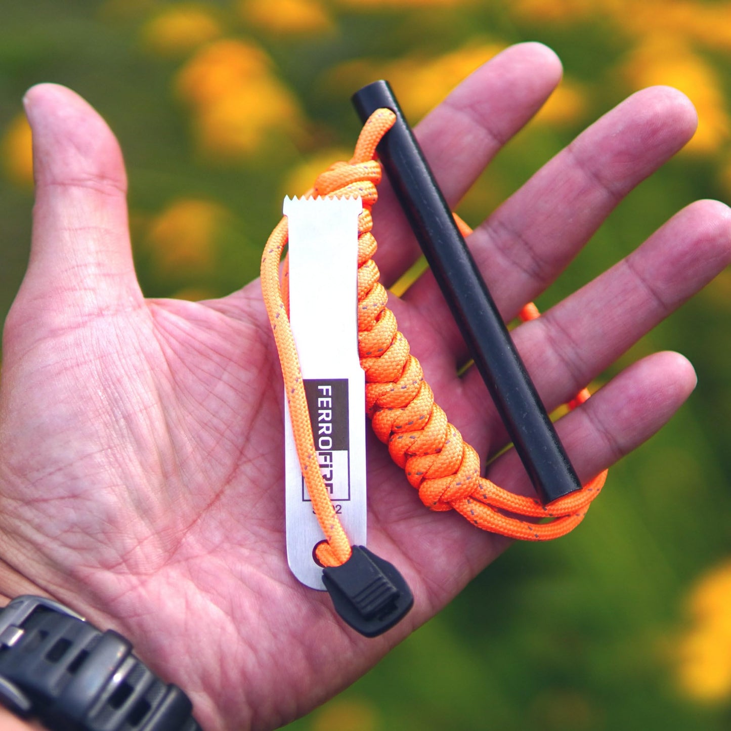 FERROFIRE FS384 Classic Ferro Rod Fire Starter with 3/8 Inch x 4 Inch Ferrocerium Rod Magnesium Flint and Steel Ferro Rod Striker 550 Paracord Lanyard Handle for Camping Emergency Survival Hiking BBQ