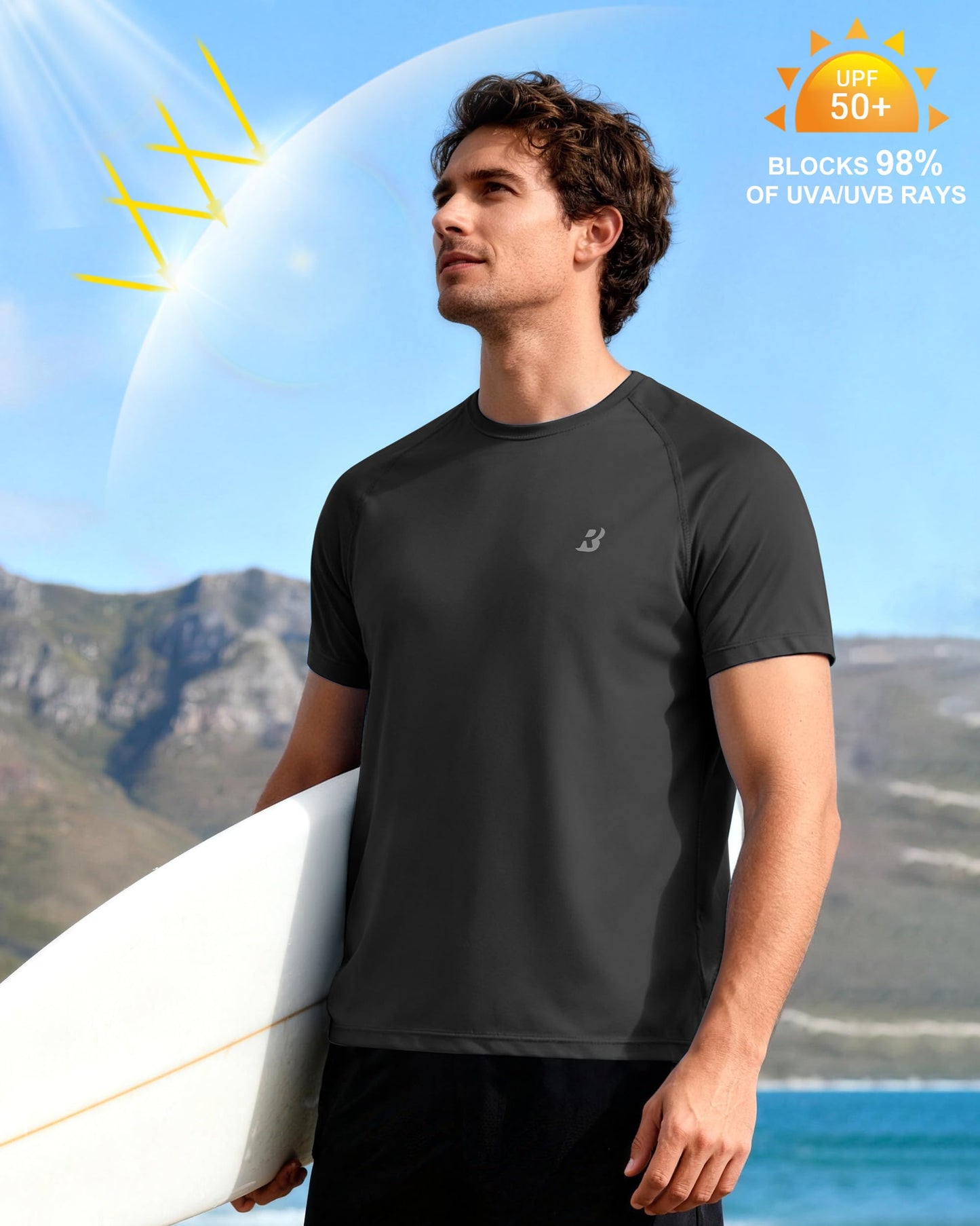 Roadbox Men's Rash Guard Short Sleeve, UPF 50+ UV Sun Protection Swim Shirts, Quick Dry Lightweight Water Surf Beach T-Shirt Black