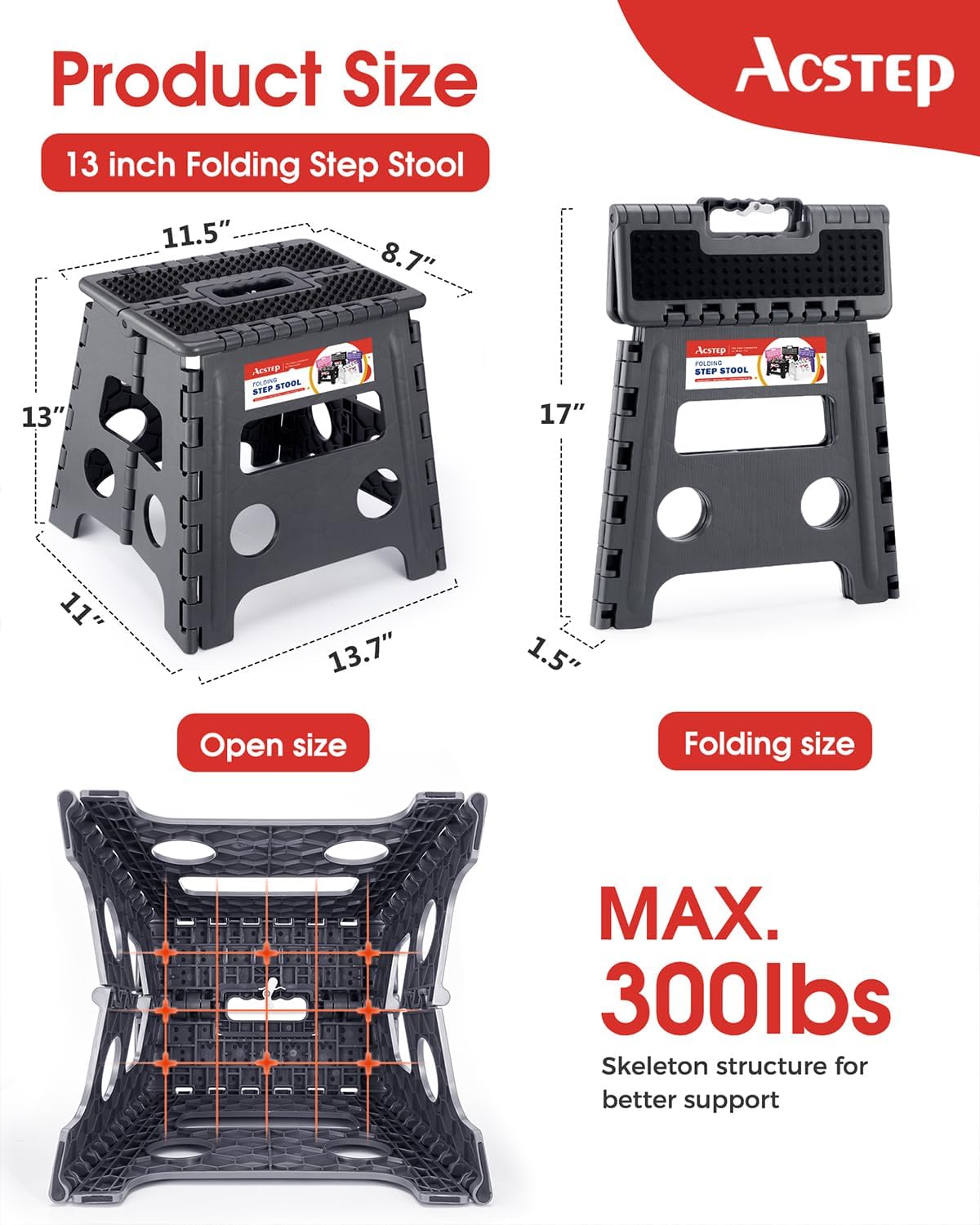 ACSTEP Folding Step Stool Foldable Stool 7.5 Inch Height Kids Step Stool, 300 lb Capacity Plastic Collapsible Stool, Stepping Stool with Handle Black Small Step Stool, Foot Stool Suitable for Kitchen