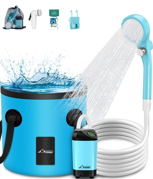 WADEO Portable Shower for Camping, Outdoor Electric Shower Rechargeable Pump with 20L Collapsible Bucket, Camping Shower Head Nozzle for Camping, Hiking, Traveling, Washing