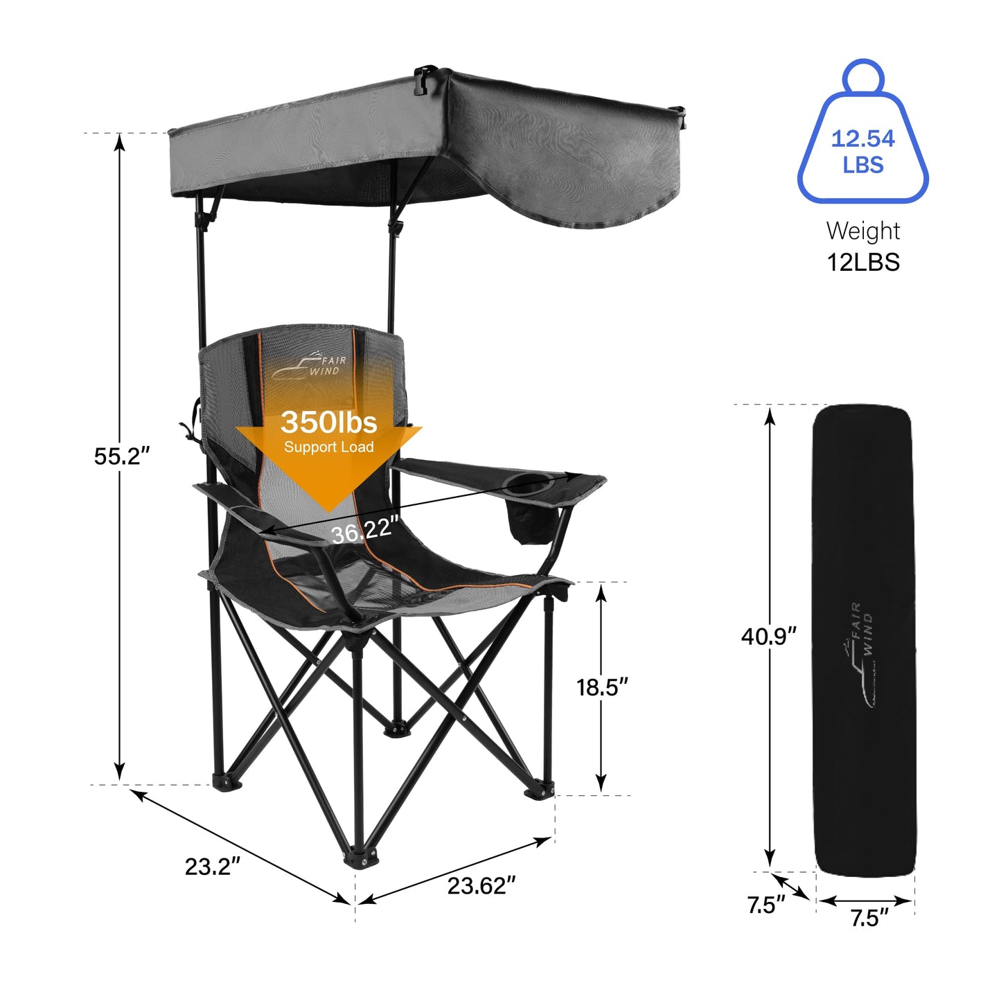 FAIR WIND Oversized Camping Lounge Chair with Adjustable Shade Canopy for Outdoor Sports Heavy Duty Quad Fold Chair Arm Chair - Obsidian