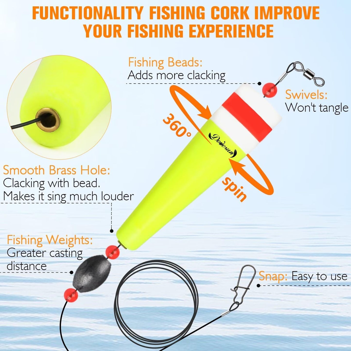 Dovesun Popping Cork Weighted Fishing Bobbers Floats Fishing Corks Popping Corks for Saltwater Freshwater Yellow Float Length-3in & Buoyancy-1oz*3pcs