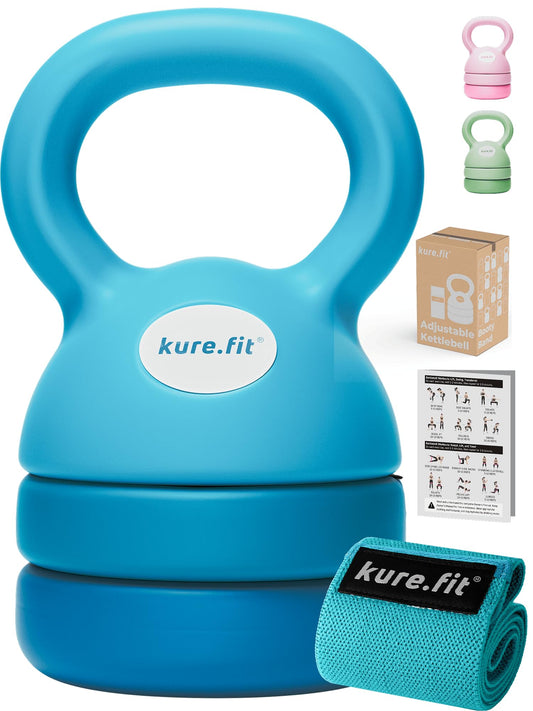 kure.fit Adjustable Kettlebell | 5 lb - 12 lb | Kettlebell Weights Set for Home Gym | Full-Body Workouts, Strength Training, Weight Loss | Fabric Booty Band | Beginners & Women | Teal Blue