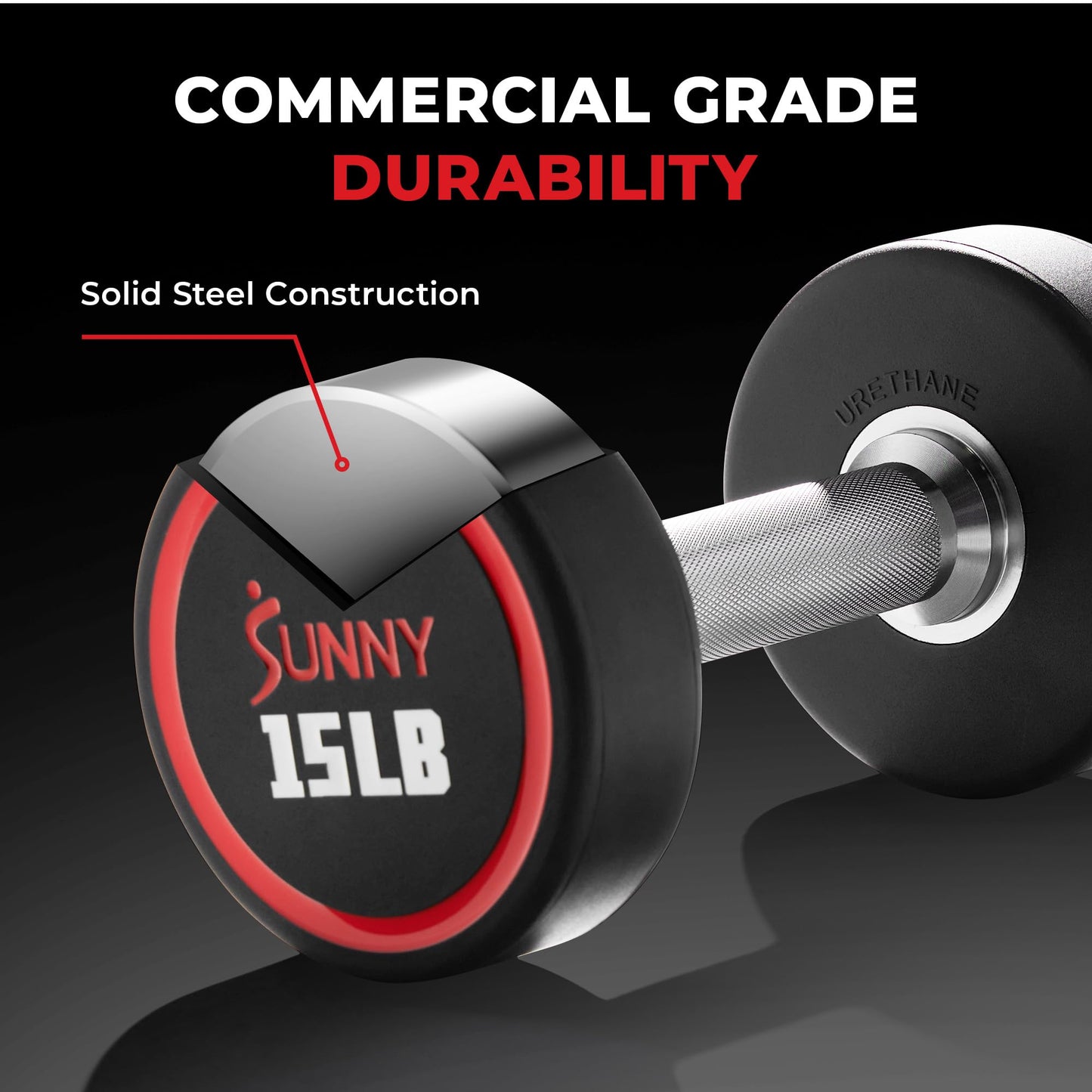 Sunny Health & Fitness Premium Polyurethane Commercial Grade Round Dumbbells with Diamond Knurled Handle, Durable Strength Training Equipment for Home Gym, 5-Pound (Pair) - SF-DB02-5
