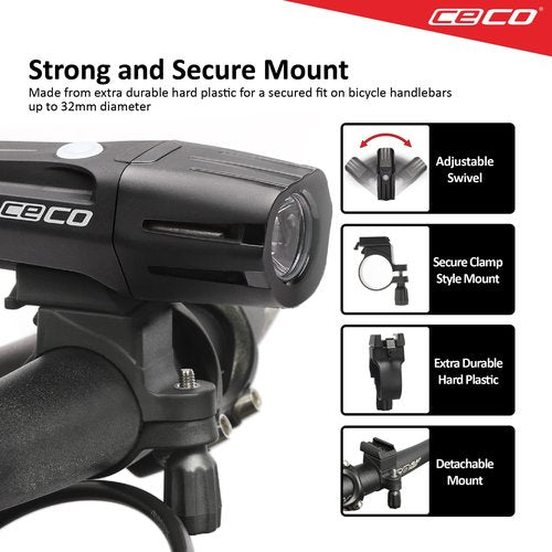 CECO-USA: 1,000 Lumen USB Rechargeable Bicycle Headlight – HARD MOUNT VERSION - Tough & Durable IP67 Waterproof & FL-1 Impact Resistant– Super Bright Model F1000 – For Commuters, Road & Mountain Bikes