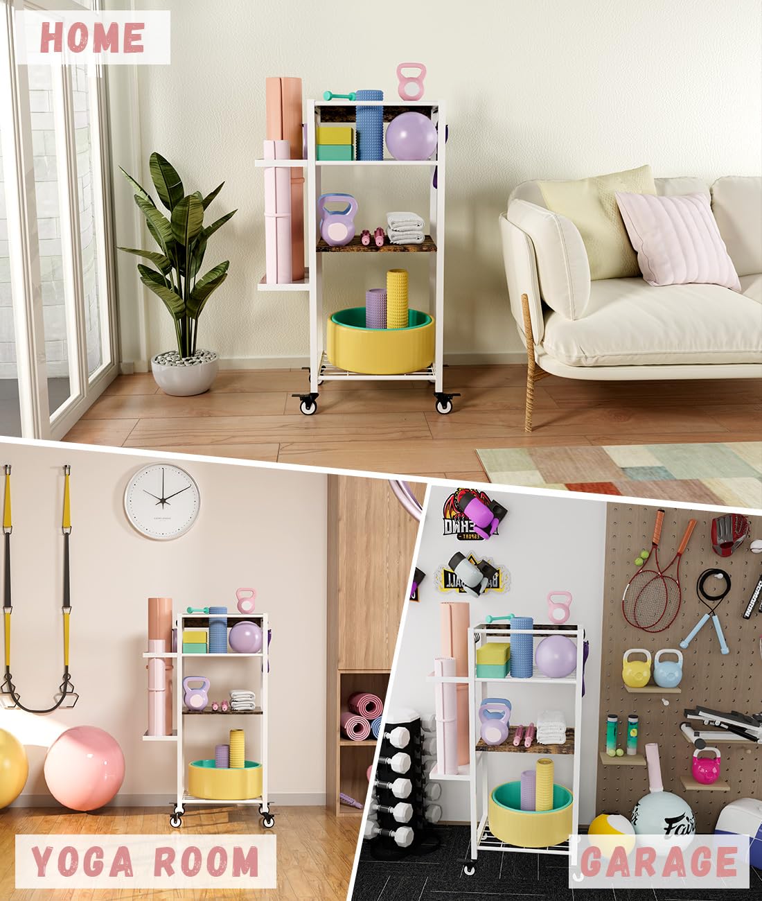 Ardier Yoga Mat Storage Rack with Wheels, 3 Tier Home Gym Workout Equipment Organizer for Dumbbells, Kettlebells, Foam Rollers