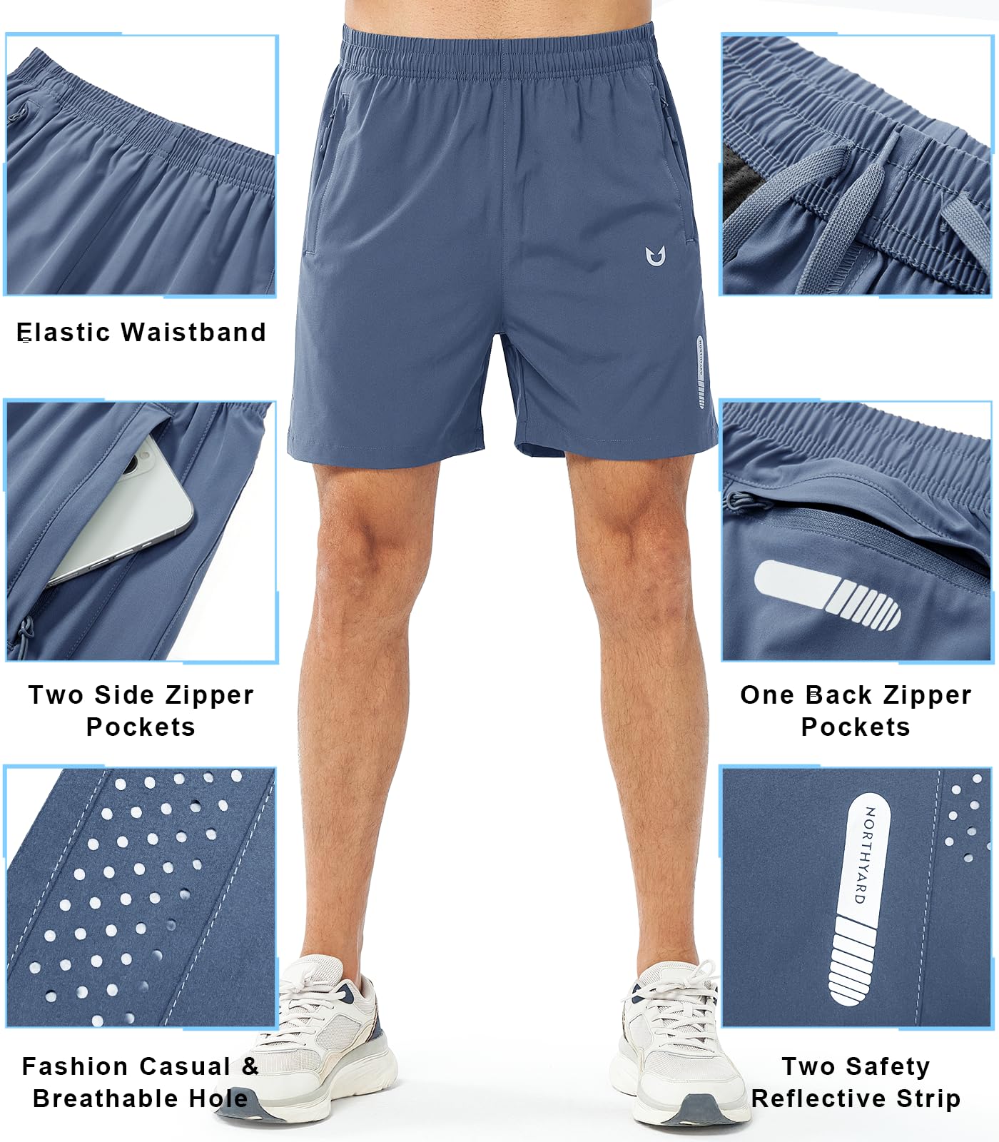 NORTHYARD Men's Athletic Running Shorts Gym Workout 7"/9"/5" Quick Dry Lightweight Sports Basketball Tennis 3 Zipper Pockets FEDERALBLUE-5inch S