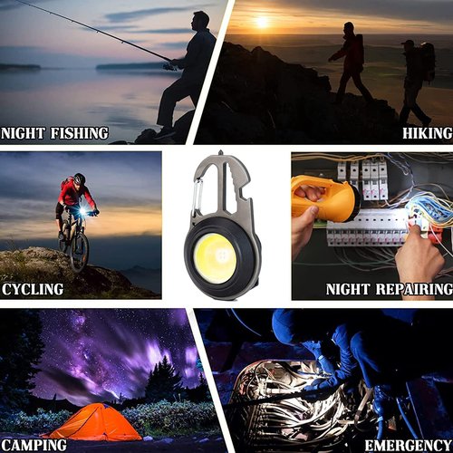 BY-J Cob Mini Flashlight Keychain Light, 500 Lumens Bright Rechargeable, Small Multi-Function Work Light, 7 Modes Portable Pocket Light Battery Display Bottle Opener for Camping Emergency Lighting