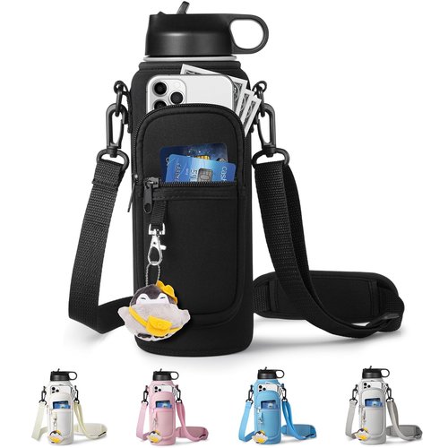 RRegeny Water Bottle Holder with Strap for Hydroflask 32oz 40oz, Carrier Sling Bag with Phone Pocket Sleeve for Men Women Hiking Camping Travelling（black24/32oz）