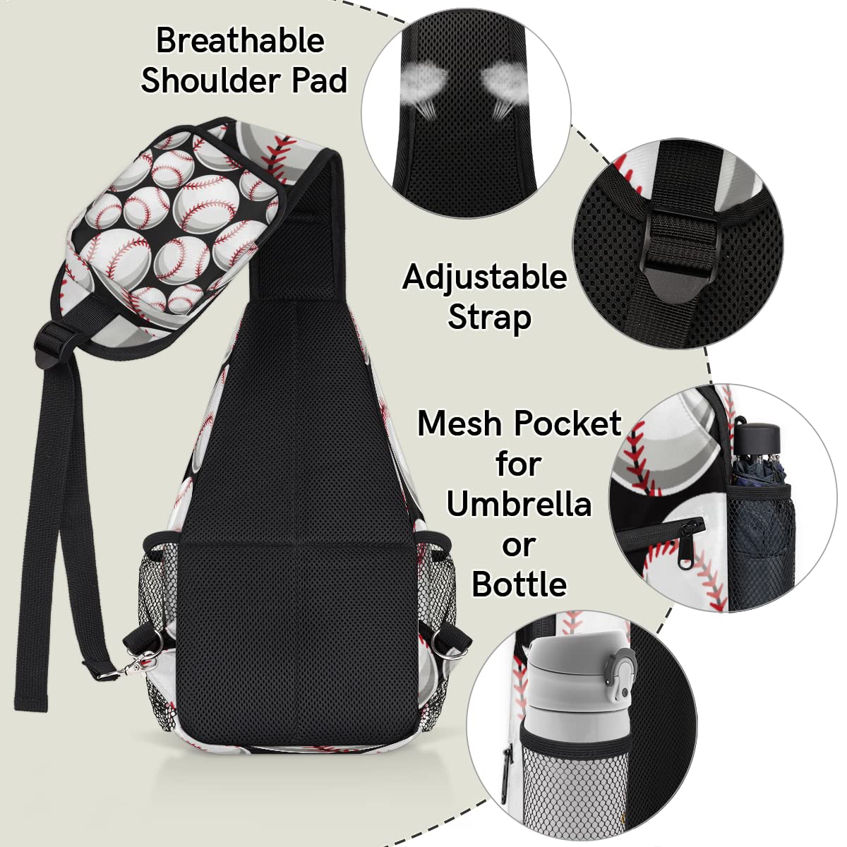 Baseball Softball Ball Sling Bag Crossbody Backpack Casual Chest Shoulder Daypacks For Cycling Hiking Travel