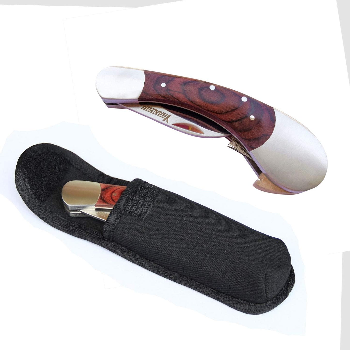Folding Mushroom Knife with Neoprene Pouch Solid Wood Handle and Foldable Cleaning Brush