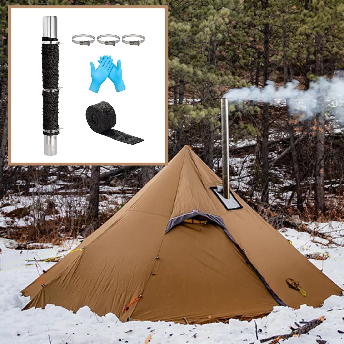 Generic Camping Tent Stove Stove Pipe Cover (2 Sets) and Fireproof Stove Pipe Anti-scalding Fiberglass Tape, 5 m/16.4 ft, biack