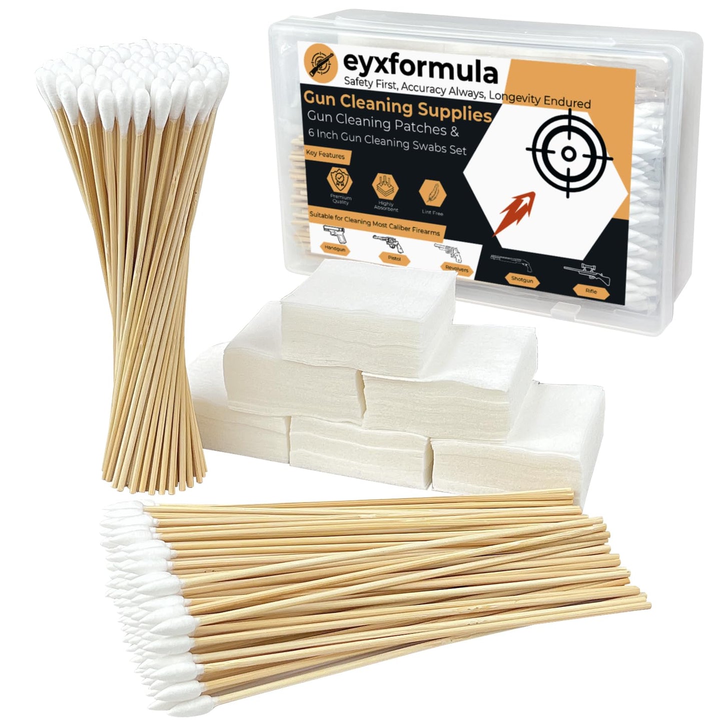 Gun Cleaning Supplies - 2x2'' Gun Cleaning Patches and 6''Gun Cleaning Swabs Set - Handgun, Shotgun, Pistol and Rifle Cleaning & Maintenance Kit