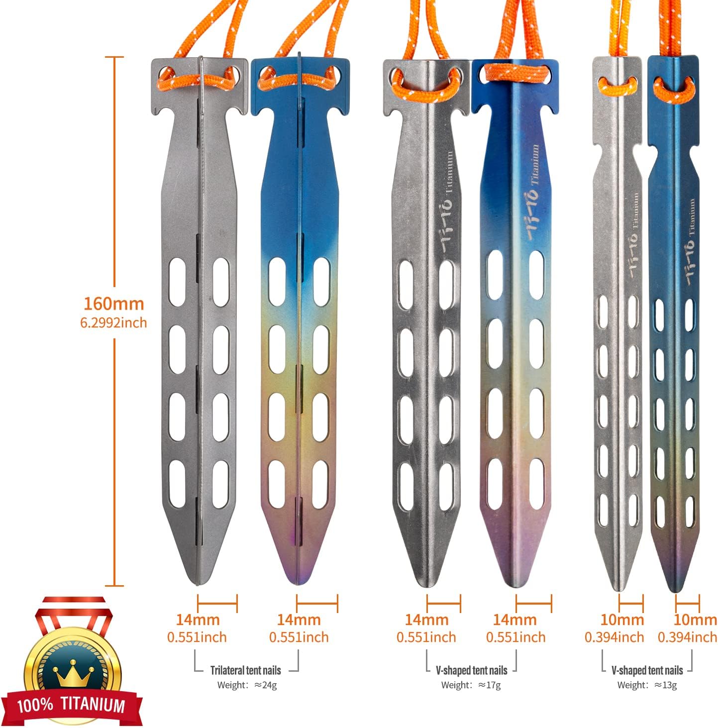 TiTo 6 Pack Titanium Tent Stakes 10X10X160mm V-Shaped Windproof Tent Nail Pegs with Carrying Pouch for Camping, Hiking, Gardening and Canopy (Silver,10X160mm)