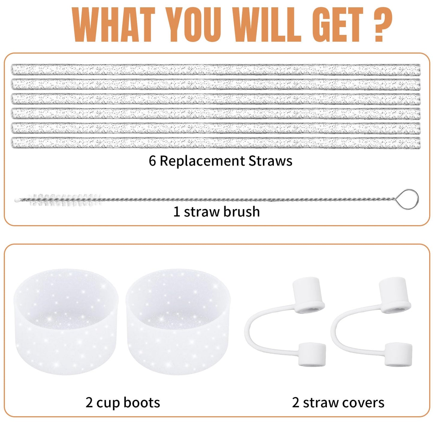 FoldTier 11 Pcs Glitter Silicone Boot Sleeve Compatible with Stanley 40 oz 30 oz Tumbler, 2 Glitter Silicone Boot Sleeve, 6 Plastic Glitter Straw, 2 Straw Cover Cap, 1 Cleaning Brush(White)