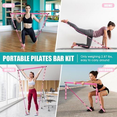 Ayombo Pilates Bar Kit with Resistance Bands, Adjustable Pilates Equipment for Legs, Hip, Waist, Arm, Squats Exercise Equipment for Home Gym Workouts, 3-Section Pilates Bar Kit for Women & Men